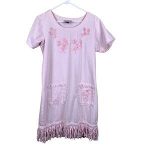 VTG Y2K 90s H&J Pink Floral Embroidered Fringe Slip Dress Sz Medium Cottagecore